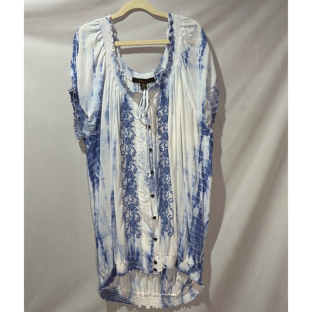 Fever Blue White Tie Dye Embroidered Boho Tunic Top XXL Smocked High Low Hem